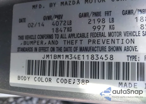 2014 Mazda 3 Grand Touring z USA, uszkodzony, nr VIN JM1BM1M34E1183458